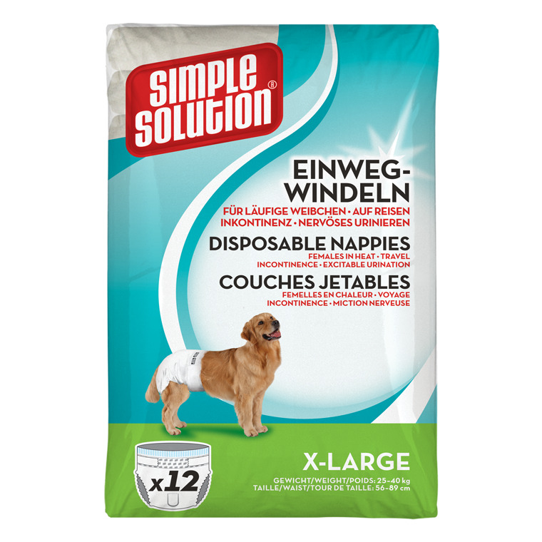 Simple Solution Einwegwindeln, X-Large, für Hündinnen (25–40 kg, 56–89 cm), 12 Stk., ideal bei Läufigkeit, Inkontinenz & Reisen.