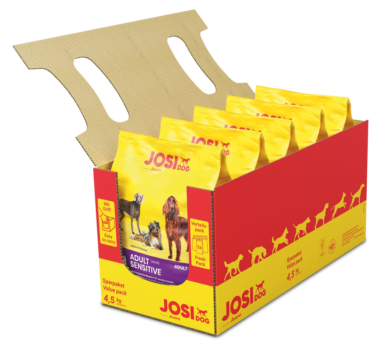 Josera JosiDog Adult Sensitive, für ausgewachsene & empfindl. Hunde, Geflügel, Vorteilspaket 5x900g (4,5kg), gelb-rote Verpackung.