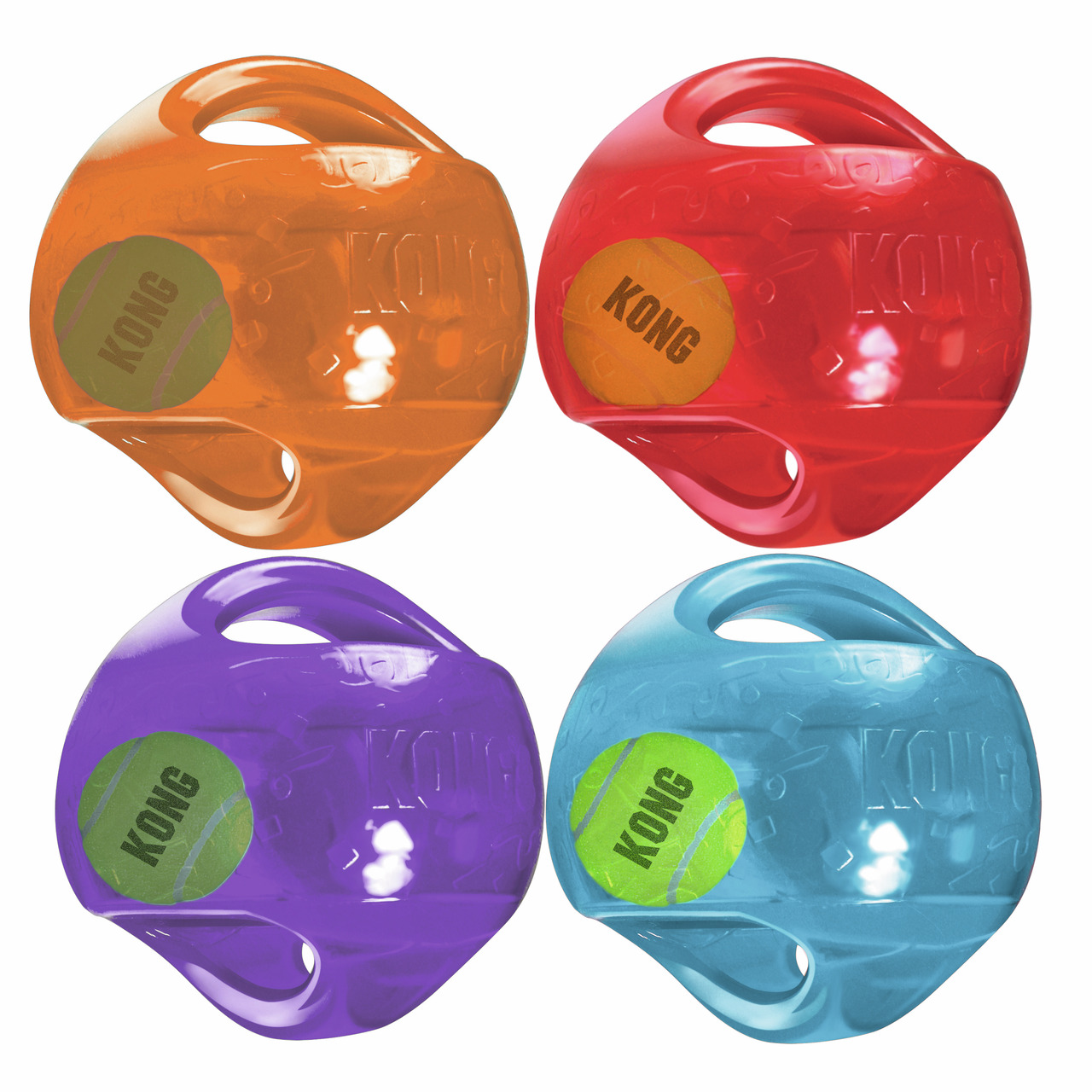 KONG Jumbler Ball, Hunde, Orange/Rot/Lila/Blau, mit Tennisball+Griffen, fördert Spiel+Apport, robust, langlebig, 4 Stk.