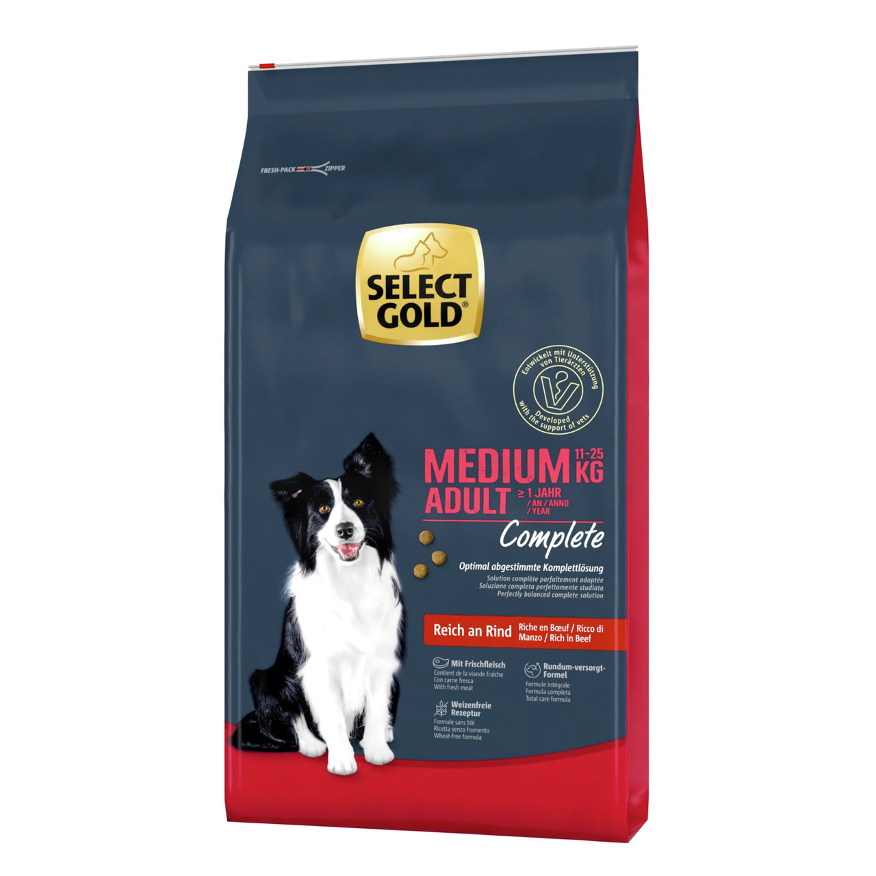 Das Bild zeigt eine Verpackung des Hundefutters „Select Gold Medium Adult Complete“ für mittelgroße, ausgewachsene Hunde ab einem Jahr mit einem Gewicht von 11–25 kg. Die Geschmacksrichtung ist Rind, und die Verpackung enthält 4 kg. Das Produkt verspricht