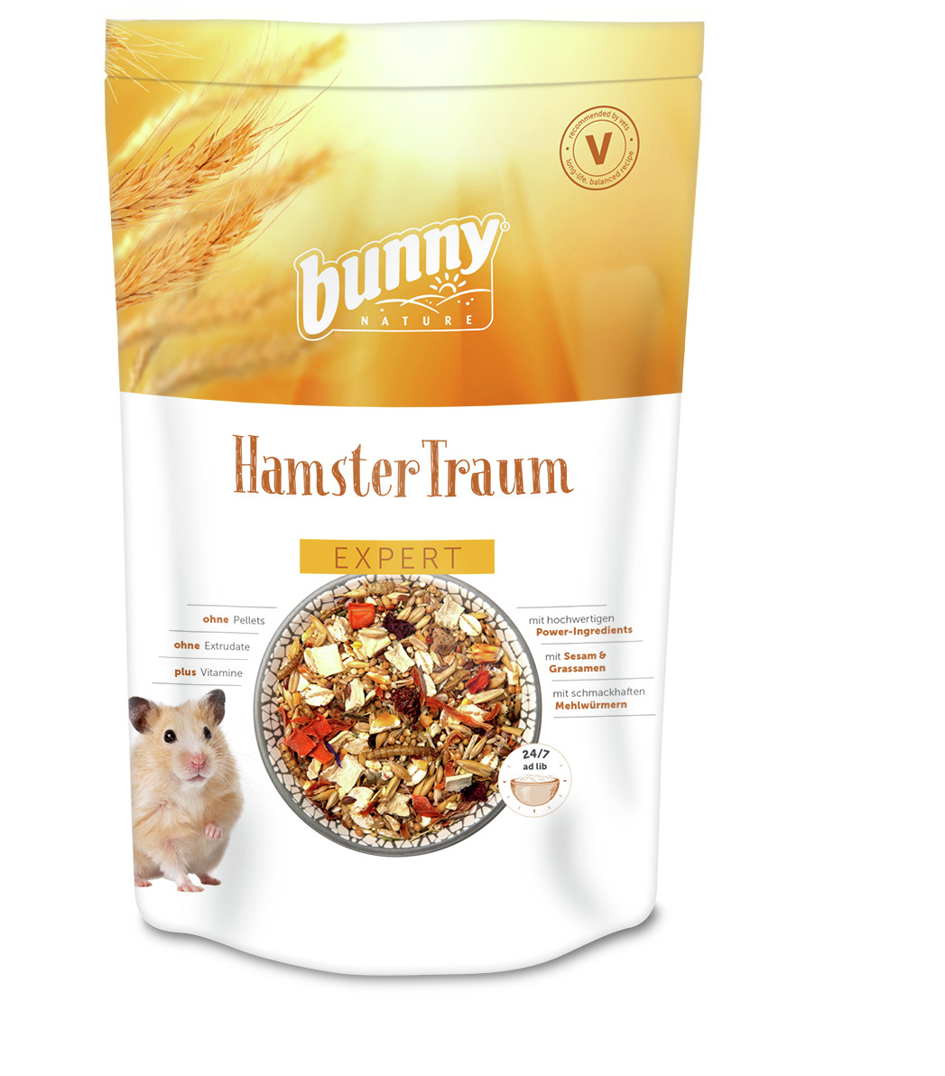 Bunny Nature HamsterTraum Expert: Premiumfutter für Hamster, ohne Pellets, mit Vitaminen, Sesam, Grassamen, Mehlwürmern. 500 g.