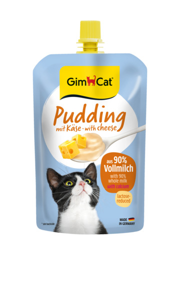 GimCat Pudding mit Käse: Laktosereduzierter Katzensnack aus 90 % Vollmilch, mit Kalzium. Inhalt: 150 g.