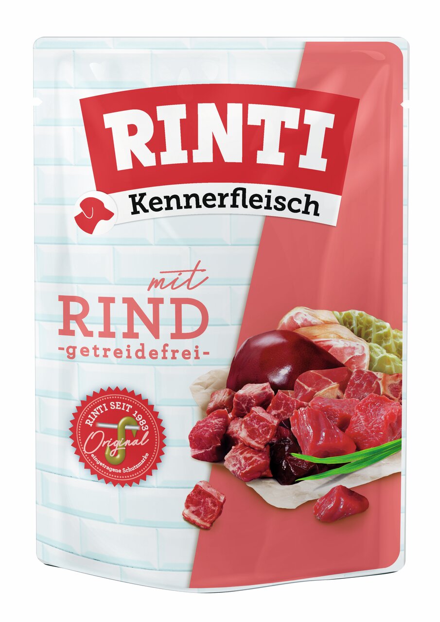 RINTI Kennerfleisch mit Rind, für Hunde, getreidefrei, Original-Rezeptur, Fleischstücke, 400 g, hochwertige Tiernahrung.