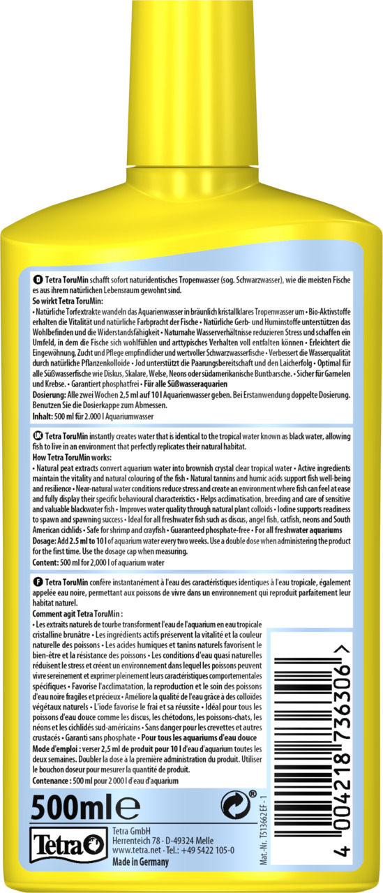 Gelbes Fläschchen mit der Aufschrift „Tetra ToruMin“, einem Wasseraufbereiter für Aquarien. Marke: Tetra. Zielgruppe: Aquarienbesitzer. Funktion: Schafft tropenähnliches Wasser und fördert das Wohlbefinden der Fische. Inhalt: 500 ml. EAN: 4004218736306. G