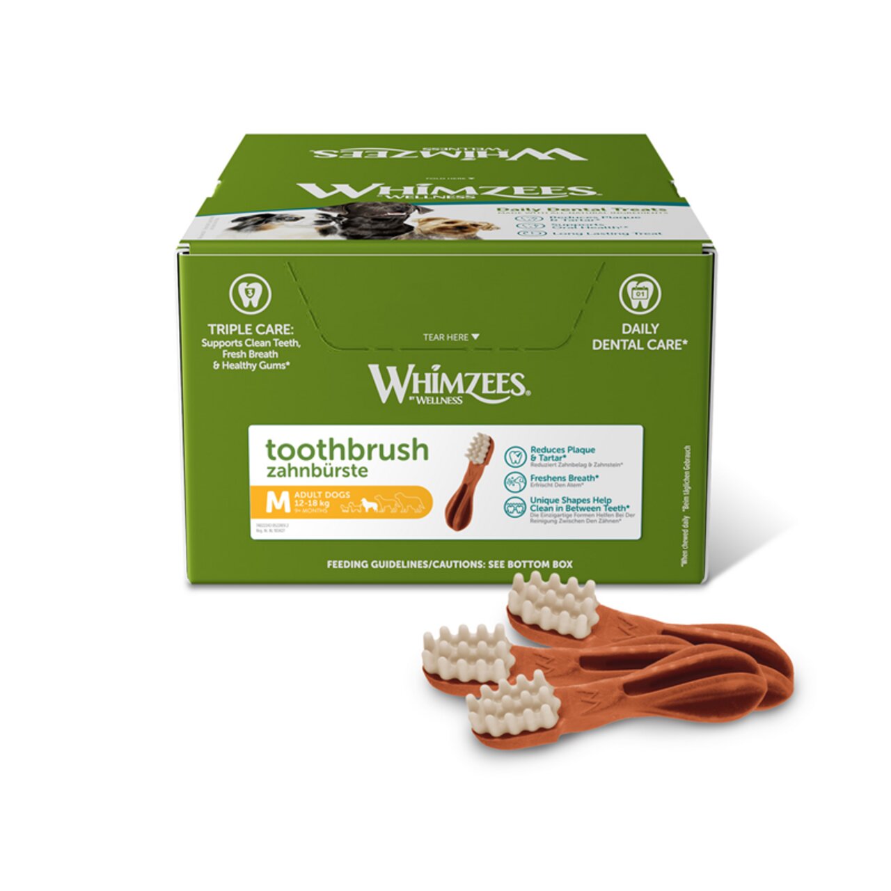 Das Bild zeigt eine grüne Verpackung der Marke Whimzees mit der Aufschrift „Toothbrush Zahnbürste“. Es handelt sich um Kausnacks für Hunde mittlerer Größe (12-18 kg), die zur Zahnpflege beitragen. Die Geschmacksrichtung ist nicht angegeben. Vor der Verpac