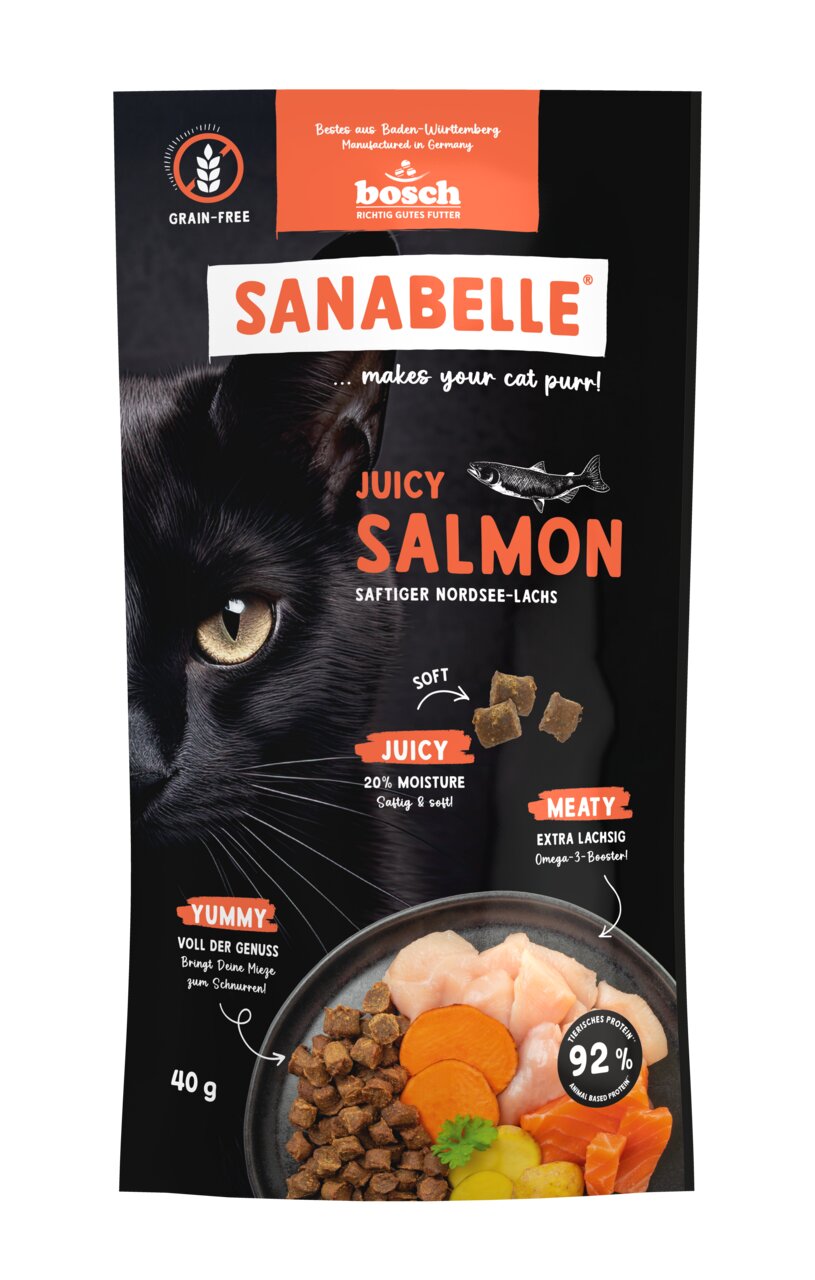 Sanabelle Juicy Salmon, Bosch, Trockenfutter f. Katzen, getreidefrei, Nordsee-Lachs, 92 % tierisches Protein, 20 % Feuchte, 40 g.