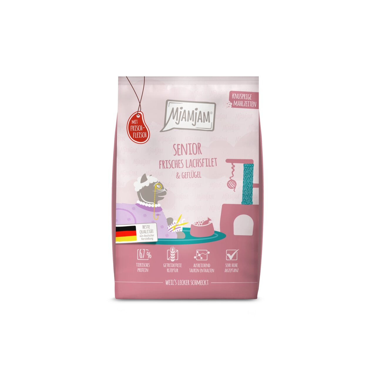 MjAMjAM Senior Katzenfutter mit frischem Lachsfilet & Geflügel, getreidefrei, für ältere Katzen, 67 % tierisches Protein, 400 g.