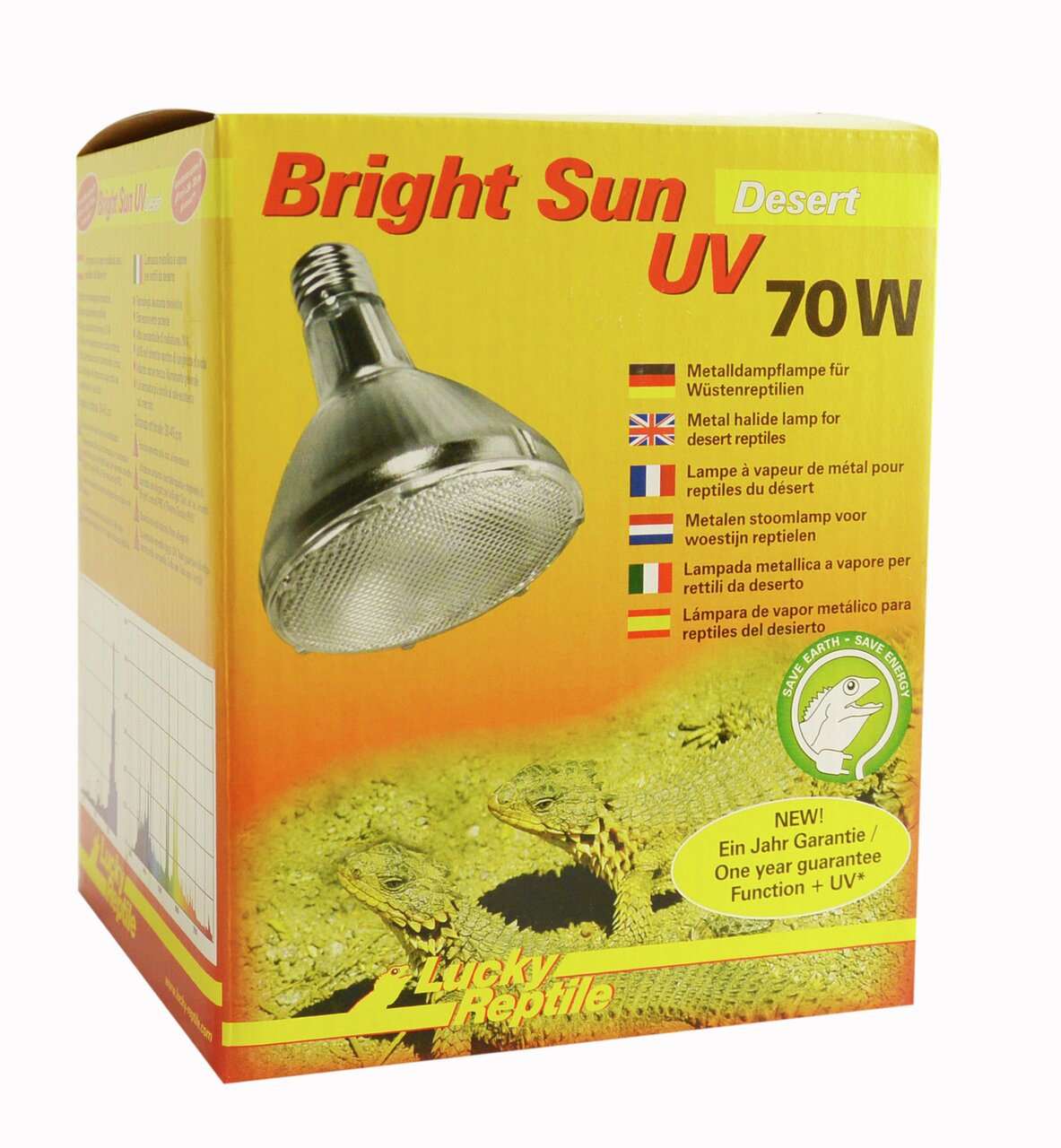 Lucky Reptile Bright Sun UV Desert 70W, für Wüstenreptilien, verbessert UV-Versorgung, energieeffizient, mit 1 Jahr Garantie.