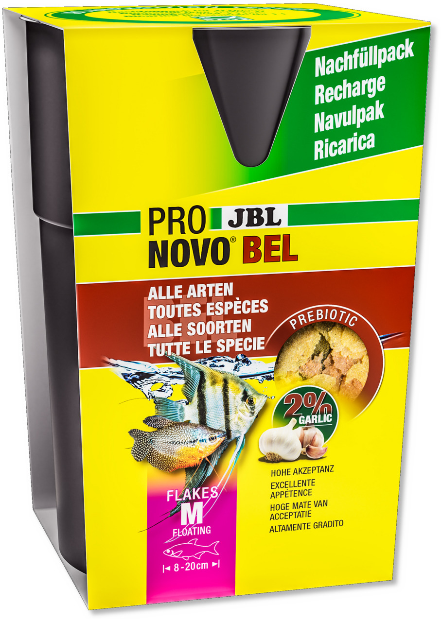 Das Bild zeigt das Produkt "JBL ProNovo Bel Nachfüllpack", ein Fischfutter für Zierfische. Es ist für alle Arten von Fischen geeignet, insbesondere für mittelgroße Fische von 8-20 cm. Die Flocken enthalten 2 % Knoblauch und präbiotische Inhaltsstoffe, die