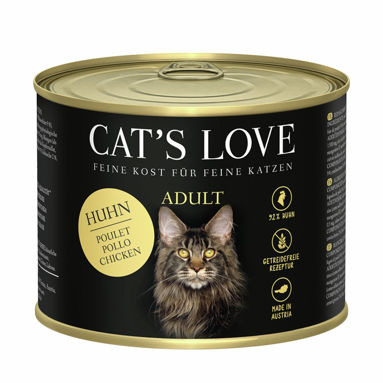 Cat's Love Katzenfutter Adult, Huhn, getreidefrei, 71 % Huhn, 200 g, aus Österreich, für ausgewachsene Katzen.