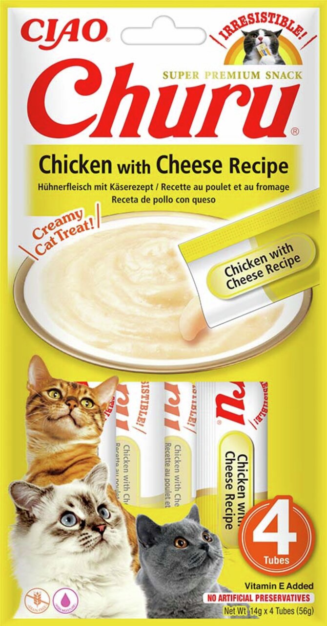 Ciao Churu Hühnerfleisch mit Käse-Snack für Katzen, cremig, ohne künstliche Konservierungsstoffe, 4 Tuben, 14 g pro Tube.