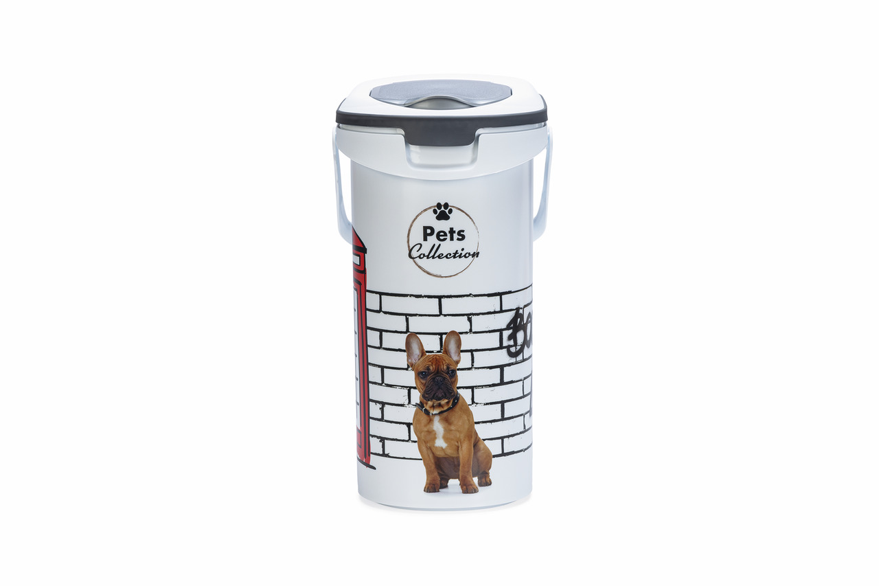 Curver Pets Collection Futterbehälter, 10L, für Hunde, Bild: Bulldoggen-Welpe, grau mit prakt. Öffnung, ideal für Hundehalter.