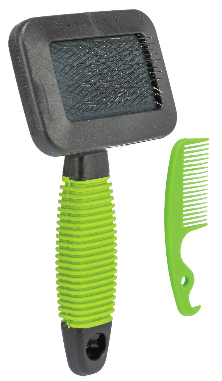 TRIXIE Universal-Bürste, Hunde/Katzen, ergonom. Griff, Metallborsten, Fellpflege/Unterwolle, inkl. grünem Kamm.