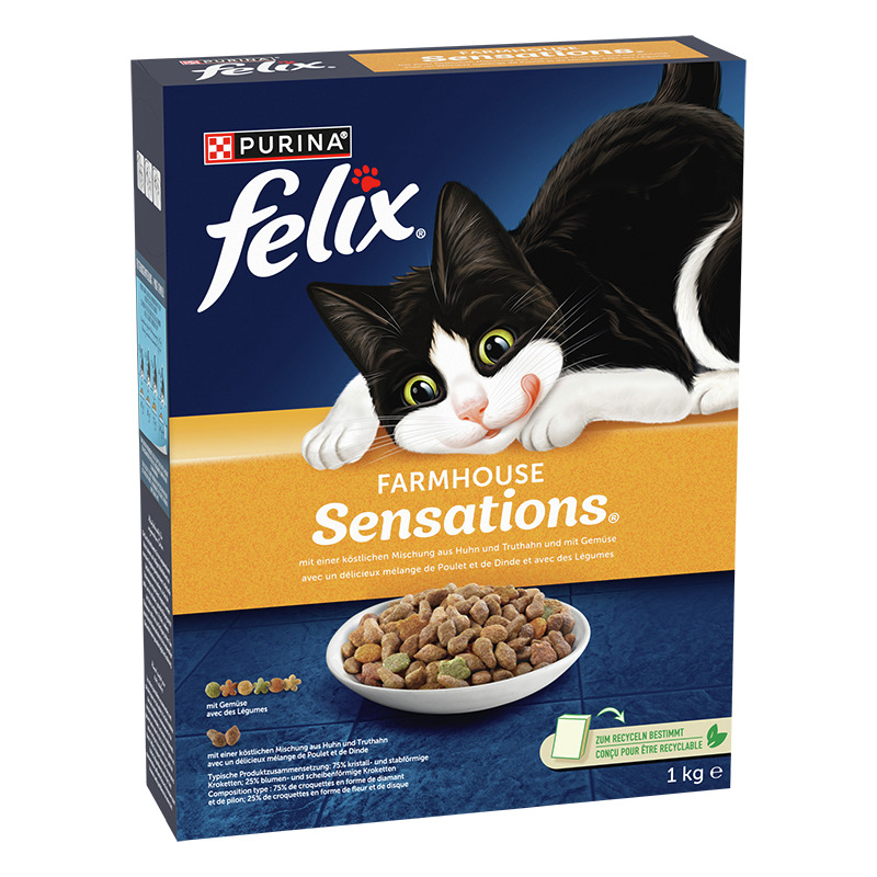 Purina Felix Farmhouse Sensations, Katzenfutter, Huhn, Truthahn & Gemüse, 1 kg, recyclingfreundlich, für verspielte Katzen.