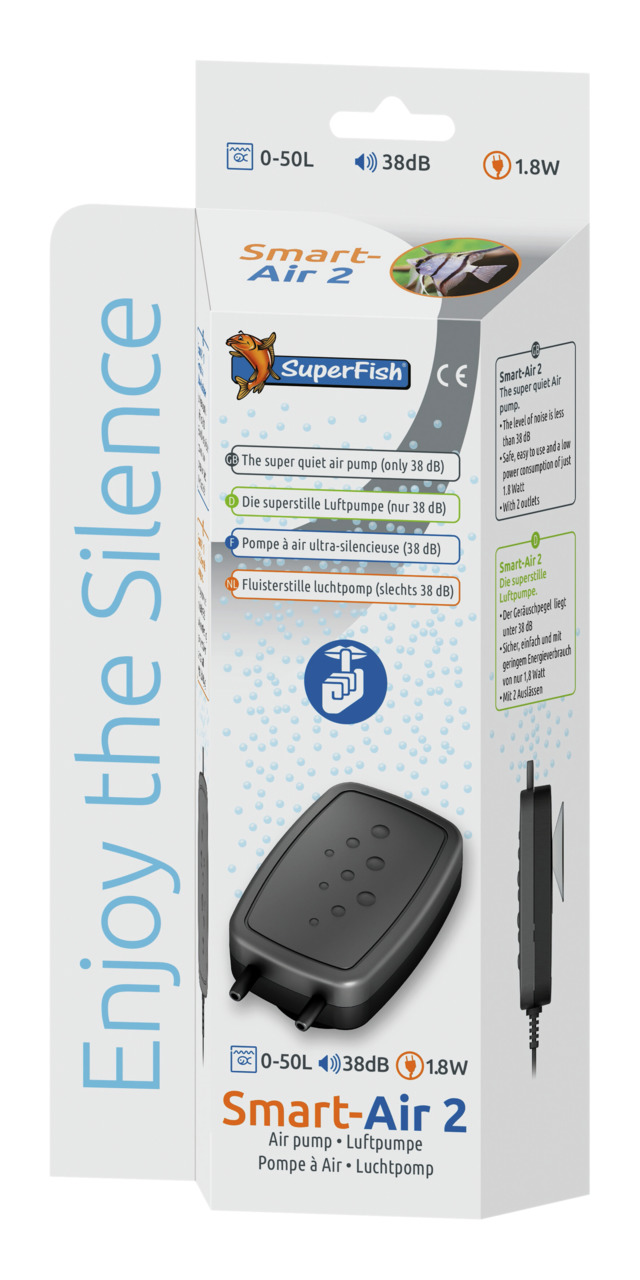 SuperFish Smart-Air 2 Luftpumpe, für Aquarien 0-50 L, leise (38 dB), energieeffizient (1,8 W), ideal für Aquarienbesitzer.