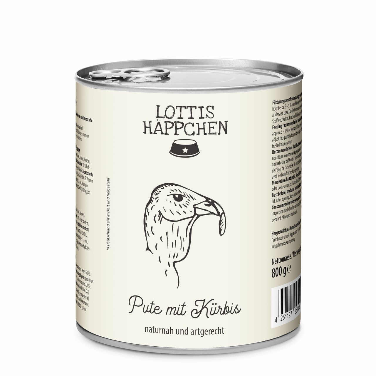 Dose „Lottis Häppchen“ Pute mit Kürbis, Hundenassfutter, naturnah und artgerecht, 800 g. Zielgruppe: Hunde.