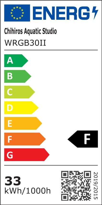 Chihiros WRGB30II LED-Aquarienleuchte, Energiekl. F, 33 kWh-1000h, Farbskala A-G, QR-Code für Infos.