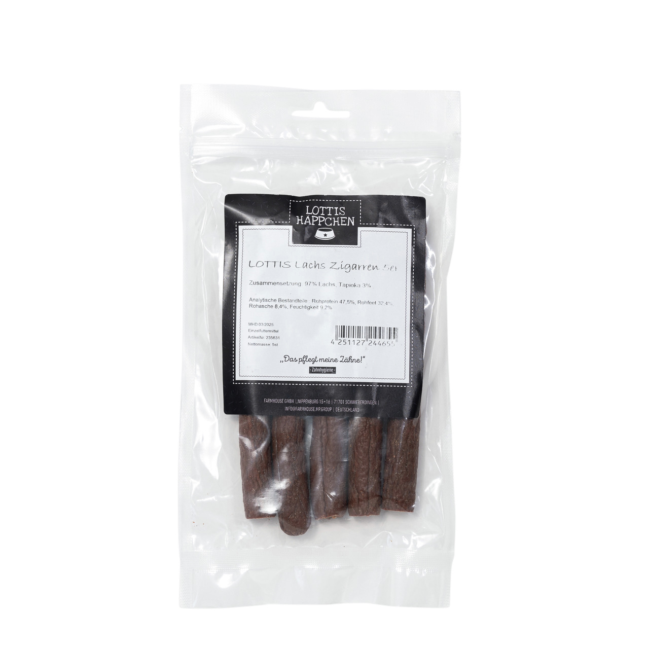 LOTTIS HÄPPCHEN Lachs-Zigarren, Premium-Hundesnack f. erw. Hunde, Geschmack: Lachs (97 %), Tapioka (3 %), „Das pflegt meine Zähne!“.