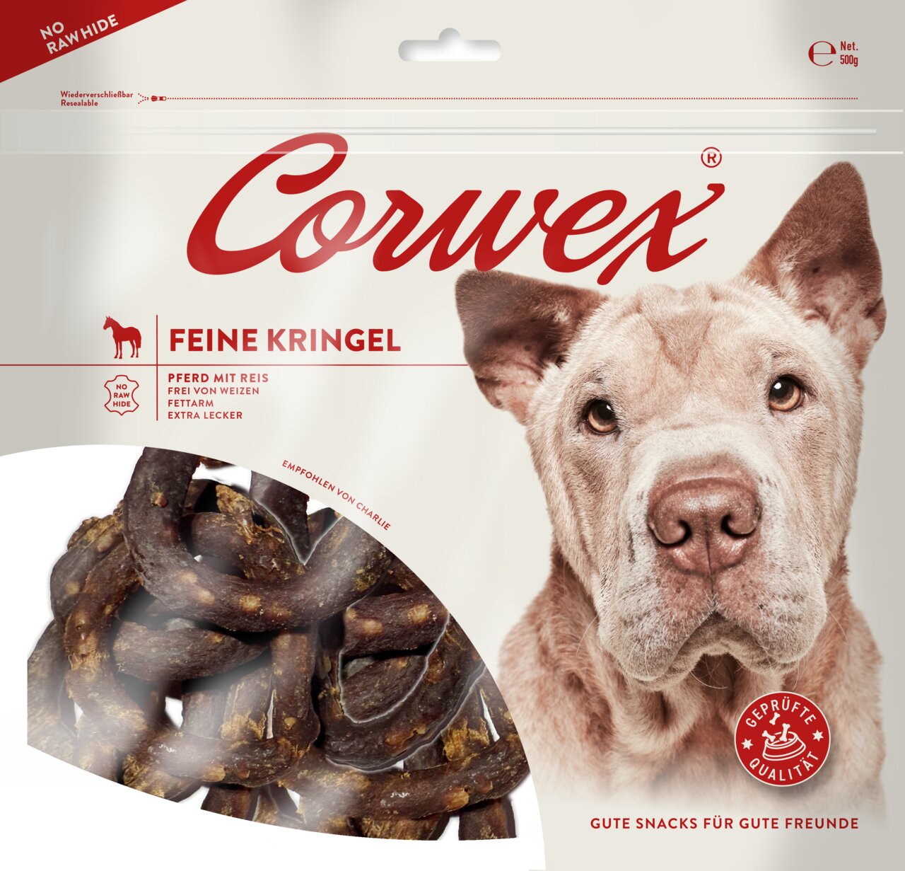 Corwex Feine Kringel für Hunde, Pferd mit Reis, weizenfrei, fettarm, extra lecker, 500 g, gute Snacks für gute Freunde.