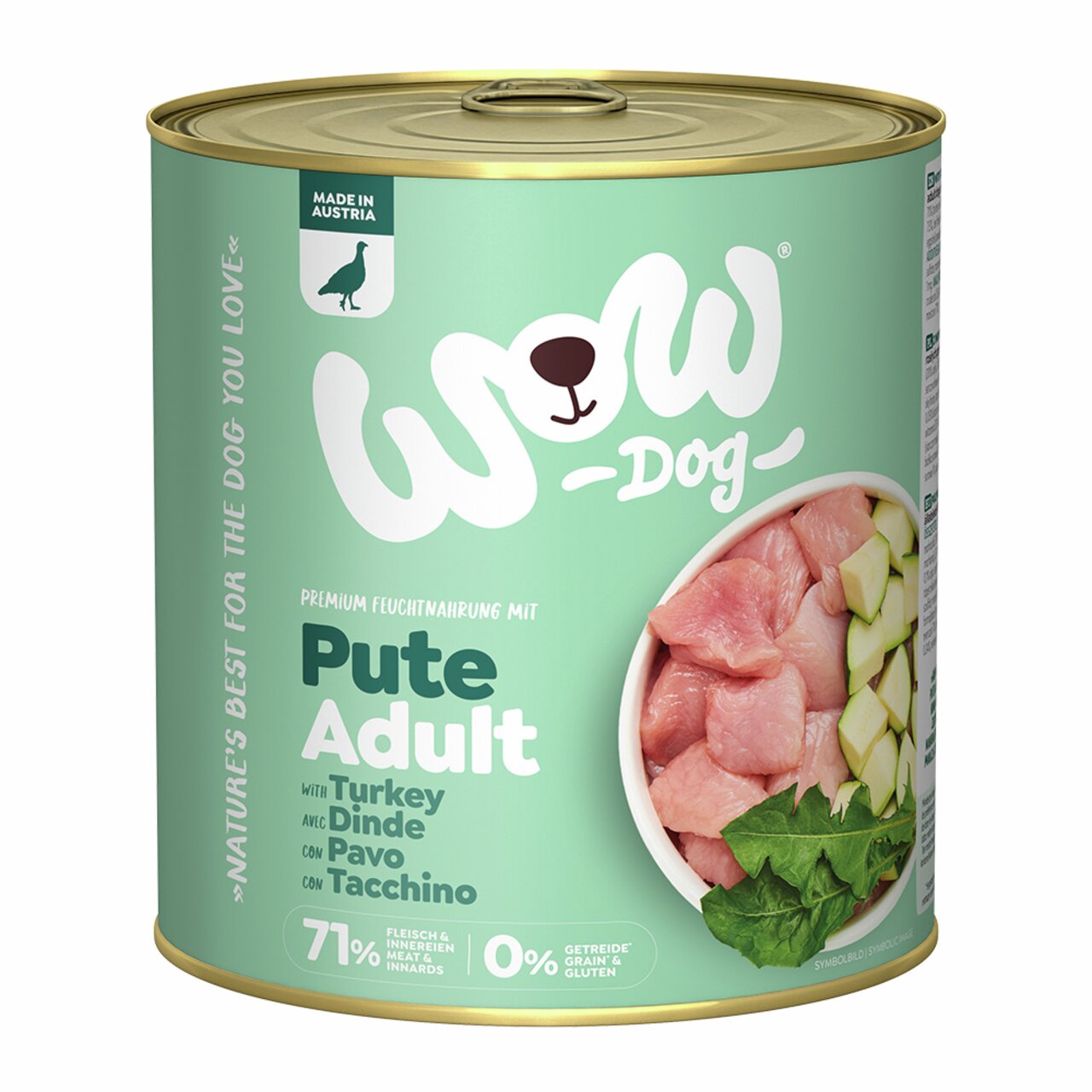 Premium Hundefutter von WOW DOG, Sorte Pute für Erwachsene, ohne Getreide, mit 71 % Fleischanteil, 400g Dose.