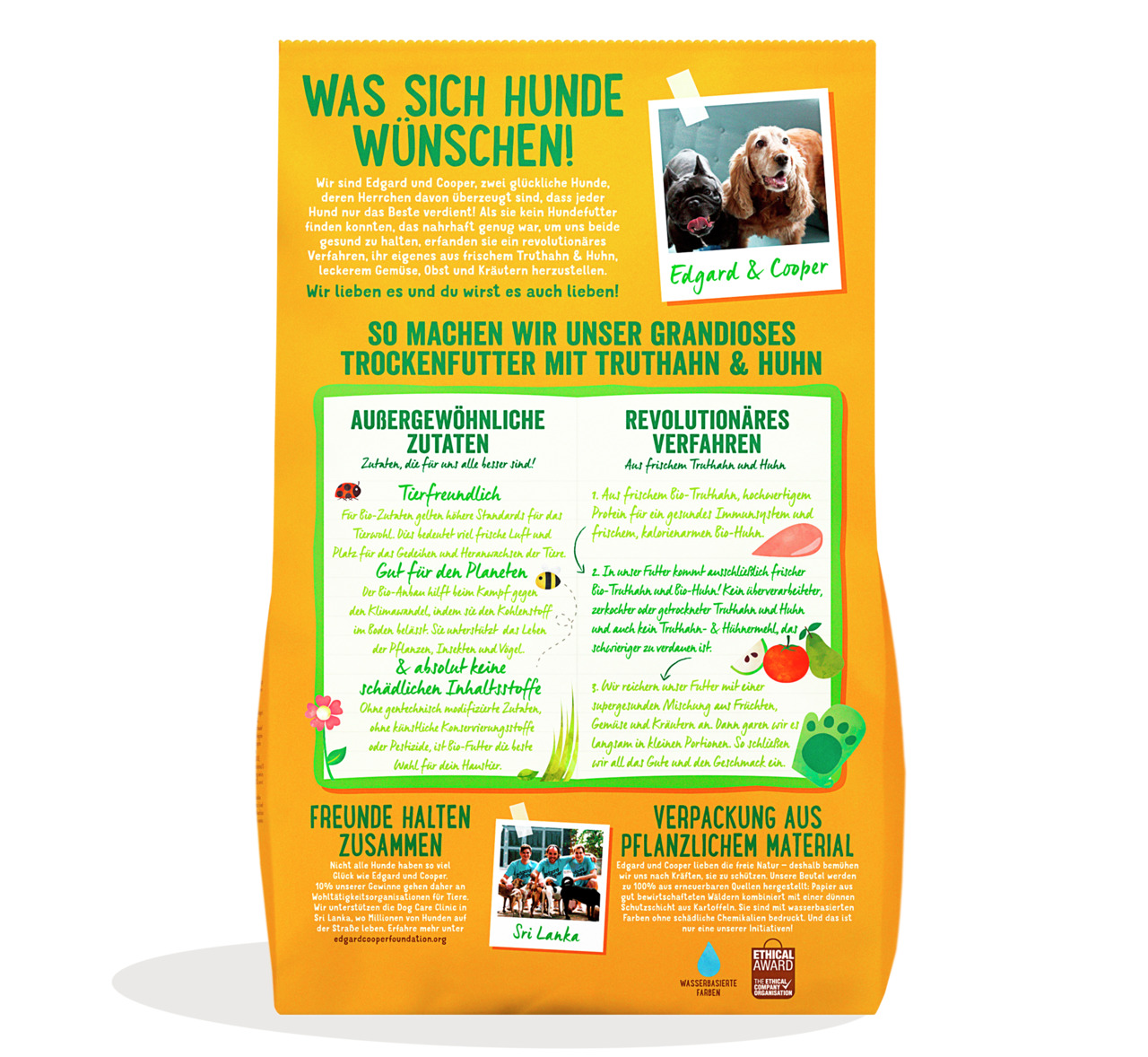 Das Bild zeigt die Rückseite einer Verpackung des Hundefutters „Edgard & Cooper Trockenfutter mit Truthahn & Huhn“. Zielgruppe sind Hunde. Die Geschmacksrichtung ist Truthahn und Huhn. Die Verpackung hebt tierfreundliche Zutaten, nachhaltige Herstellung u