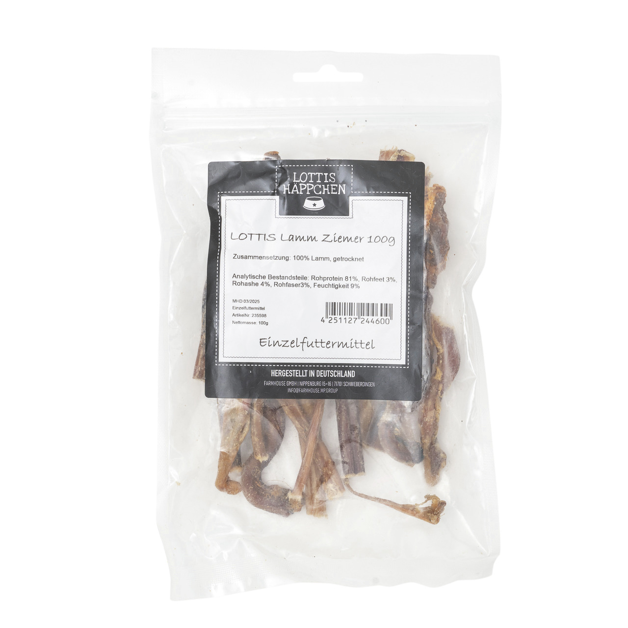 Lottis Häppchen Lamm Ziemer 100g, Einzelfuttermittel für Hunde, 100% getrocknetes Lamm, hergestellt in Deutschland.