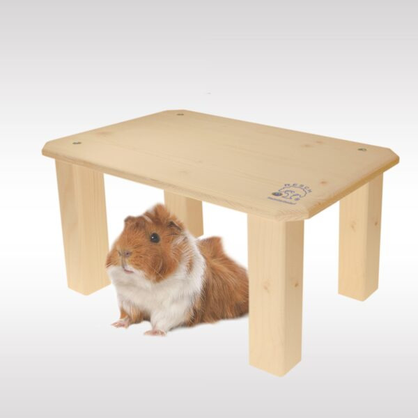 Resch Holzpodest für Kleintiere (z. B. Meerschweinchen), naturbelassen, Rückzugsort-Spielplatz, erhöht, passend für braun-weiße Tiere.