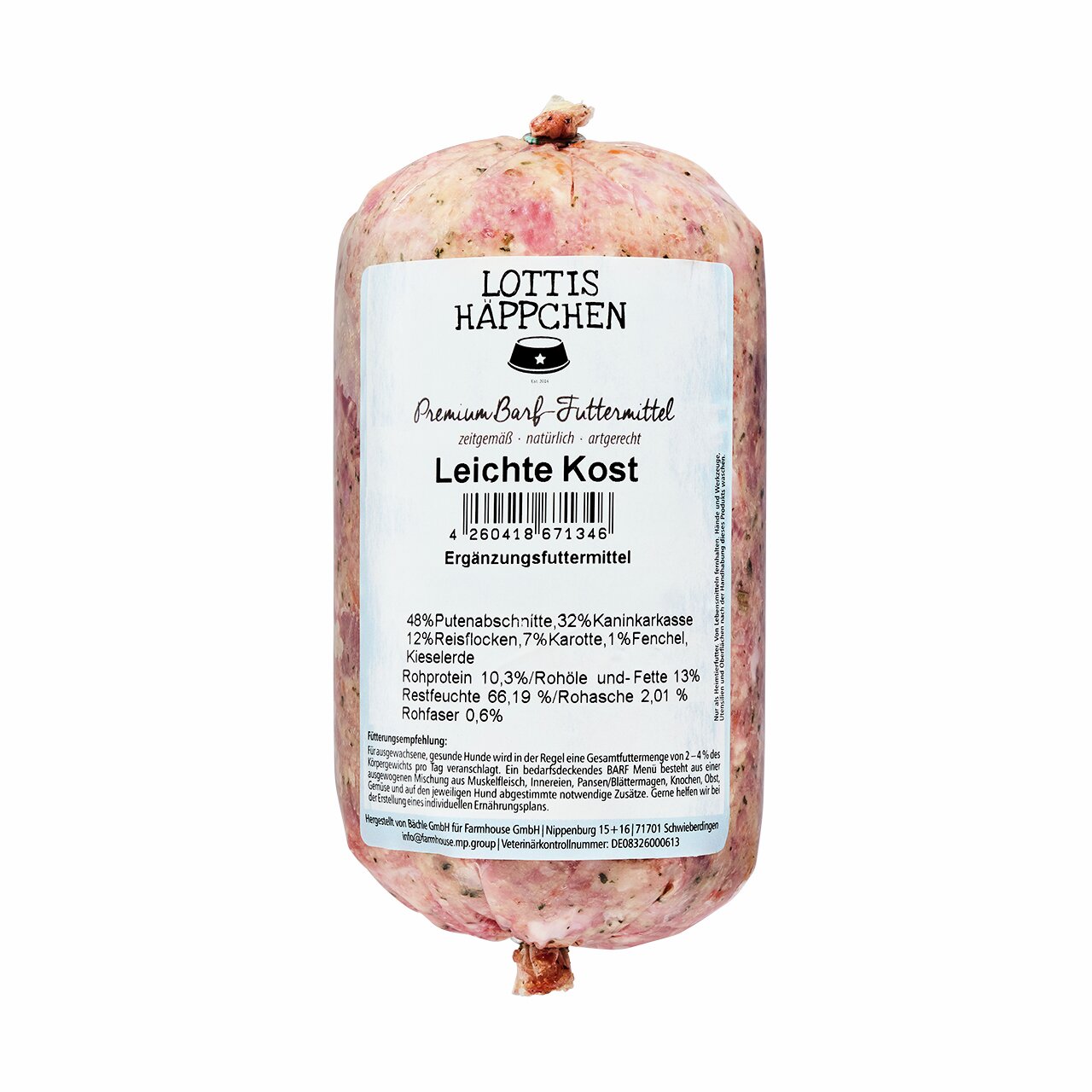 Lottis Häppchen Leichte Kost, Premium-BARF für Hunde: Pute, Kaninchen, Reis, Karotte, Fenchel. 500 g, artgerecht & natürlich.