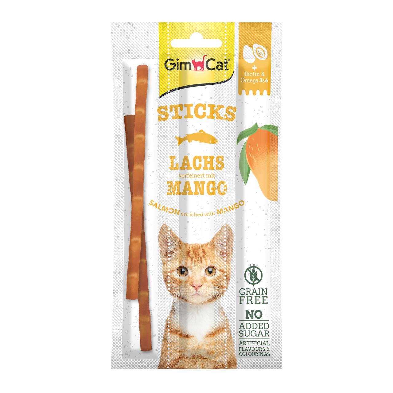 Sparpaket 2 x 15 g GimCat Superfood Duo-Sticks mit Lachs & Mangogeschmack Katzen Snack
