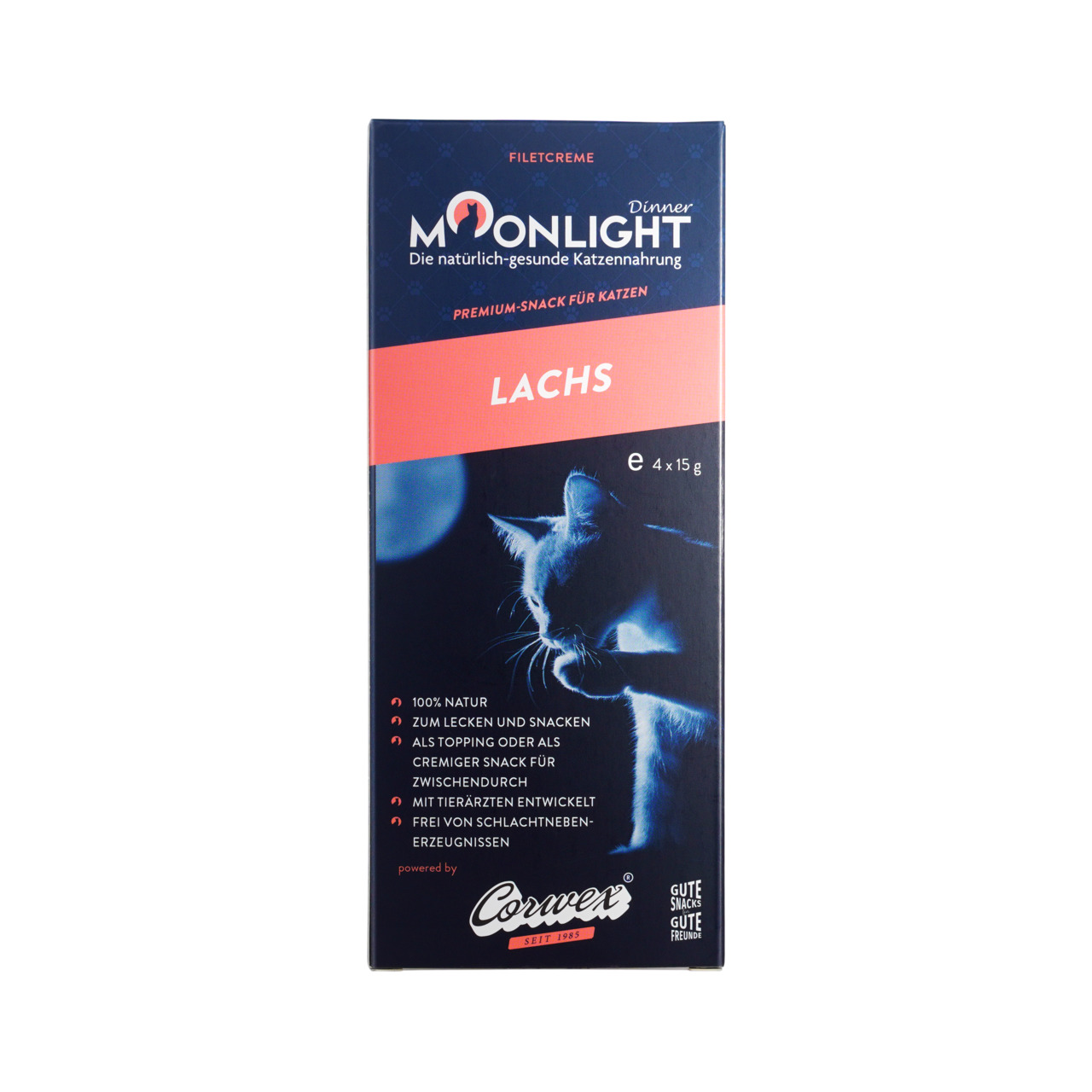 Moonlight Dinner Filetcreme Lachs, Premium-Snack für Katzen, 100 % natürlich, 4 x 15 g, mit Tierärzten entwickelt, ohne Schlachtnebenprodukte.