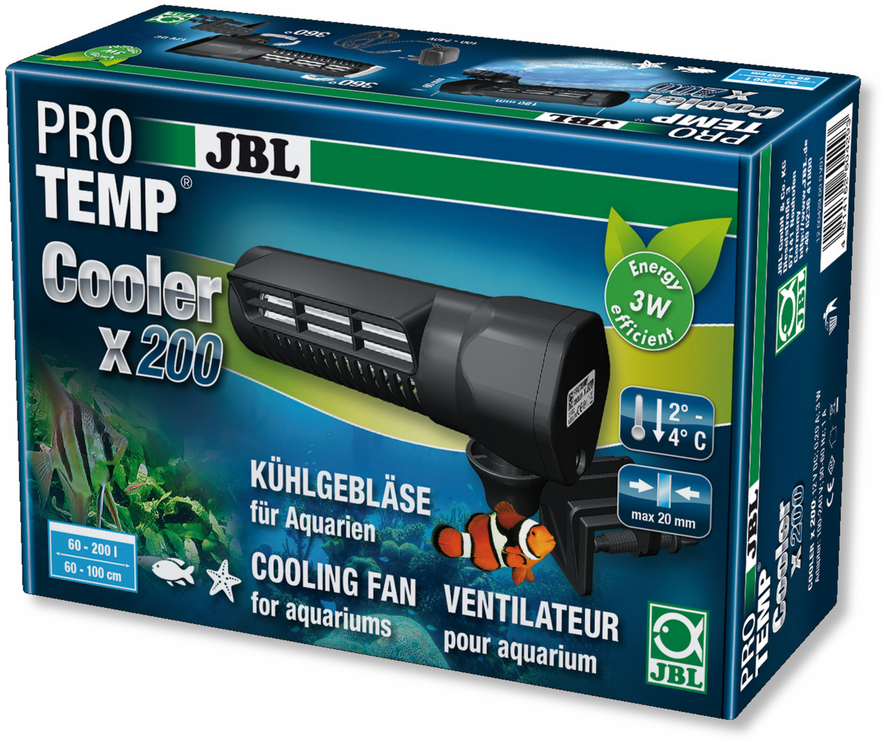 JBL PROTEMP Cooler x200: Kühlgebläse für Aquarien (60-200 l, 60-100 cm), senkt Temp. um 2-4 °C, 3 W, Glasstärke bis 20 mm.