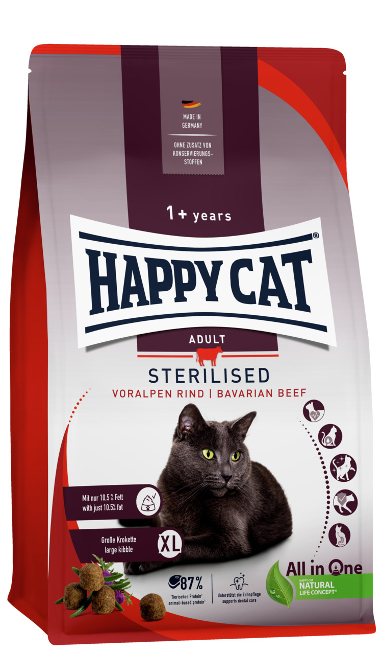 HAPPY CAT Adult Sterilised Voralpen-Rind, für sterilisierte Katzen ab 1 J., XL-Kroketten, 10,5 % Fett, 87 % tierisches Protein, ohne Konservierungsstoffe.