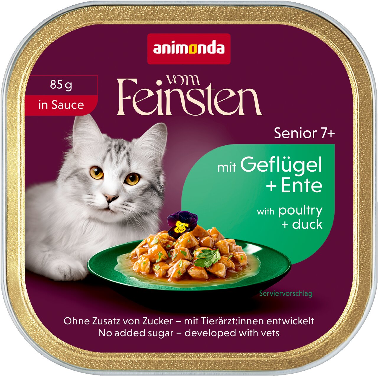 animonda vom Feinsten Senior 7+ für Katzen, mit Geflügel und Ente in Sauce, ohne Zuckerzusatz, 85 g Schale.
