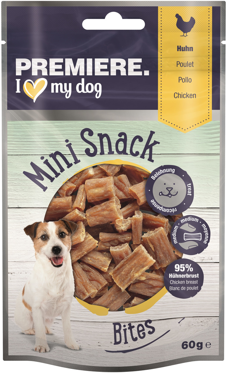 PREMIERE I love my dog Mini Snack Bites, Huhn, 60 g, für Hunde, 95 % Hühnerbrust, ideal als Belohnung, ansprechende Verpackung.