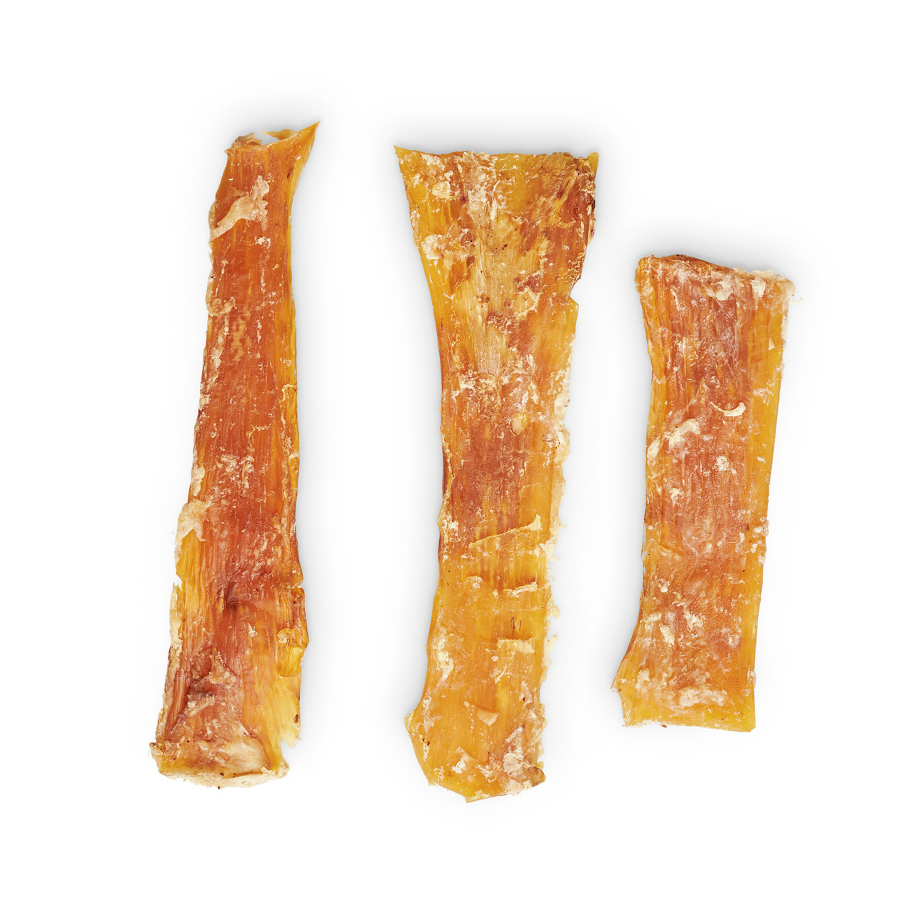 Lottis Häppchen Hähnchenbrust in Streifen, für Hunde, getrocknet, proteinreich, 3 Streifen, goldbraun, natürliche Struktur.