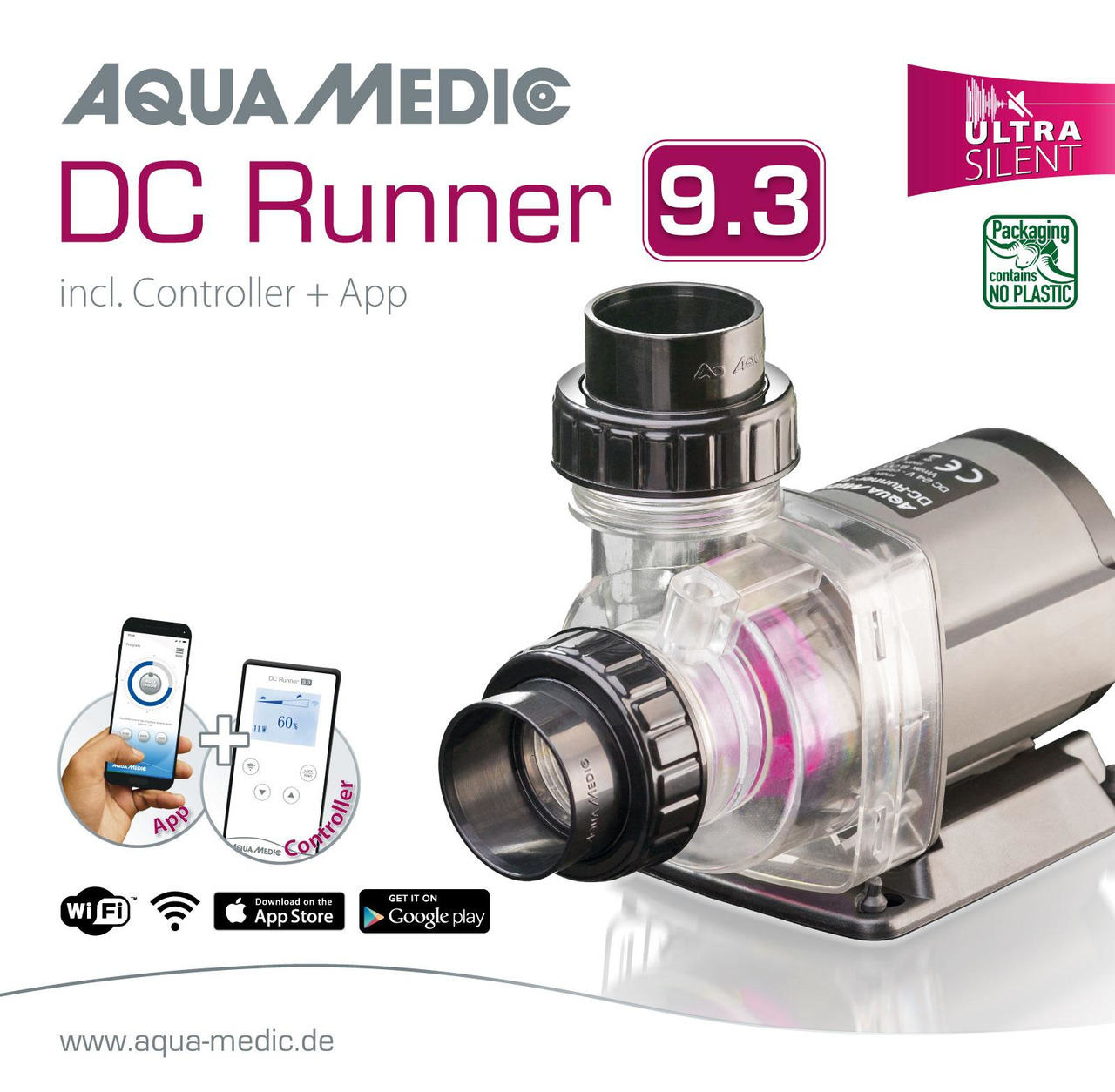 Aqua Medic DC Runner 9.3: Förderpumpe für Süß--Meerwasseraquarien, leise, energieeffizient, steuerbar per App, plastikfreie Verpackung.