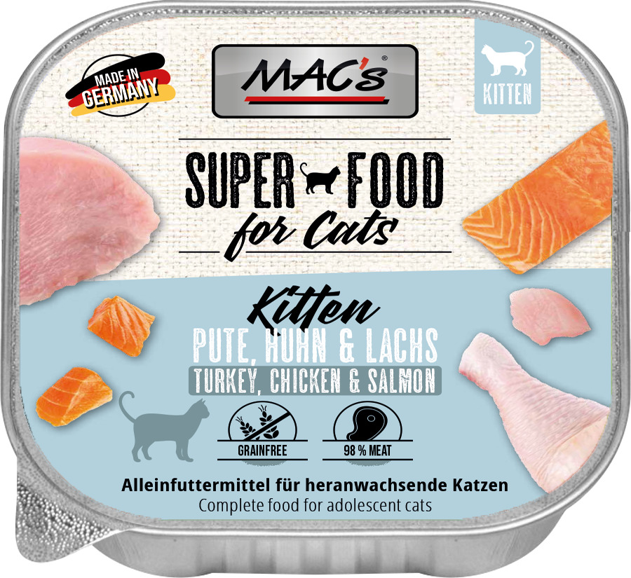 MAC's Superfood f. Cats, Kätzchen, Pute-Huhn-Lachs, Alleinfutter, 98 % Fleisch, getreidefrei, Made in Germany.