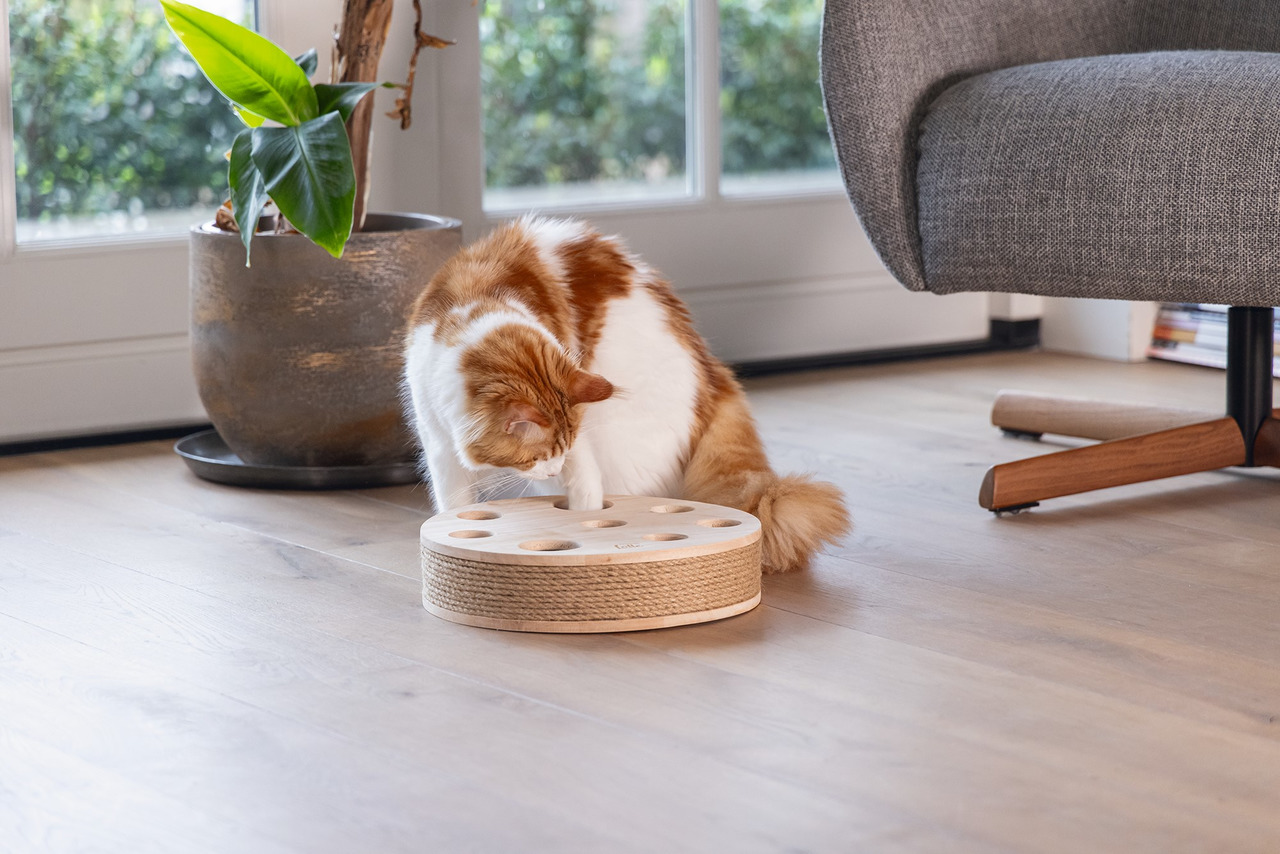 Interaktives Katzenspielzeug „Designed by Lotte“ aus Holz & Jute, für Katzen aller Altersgruppen, fördert mentale Stimulation.