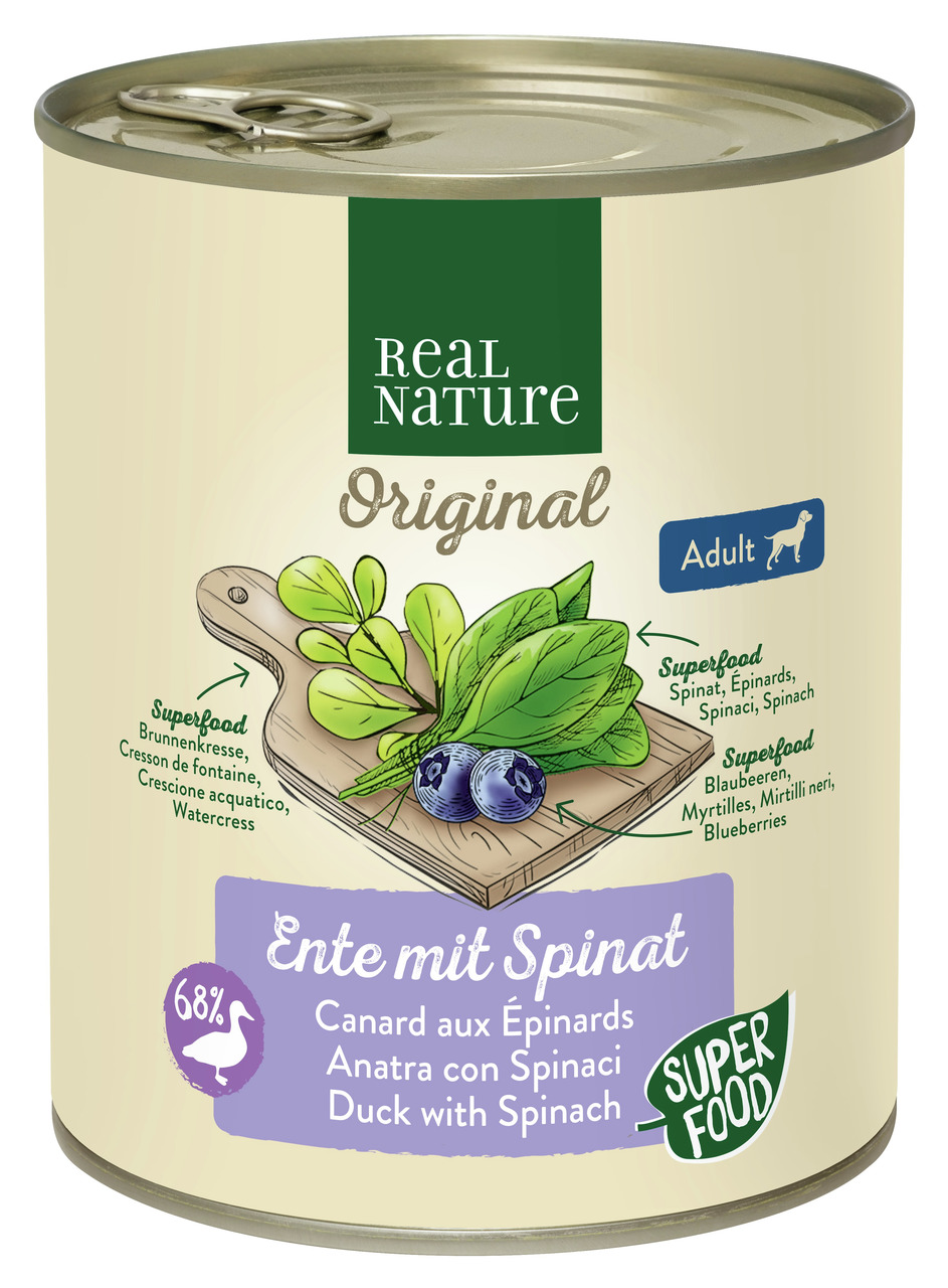 REAL NATURE Hundefutter Adult, Ente mit Spinat, 68 % Ente, mit Superfoods (Brunnenkresse, Spinat, Blaubeeren).