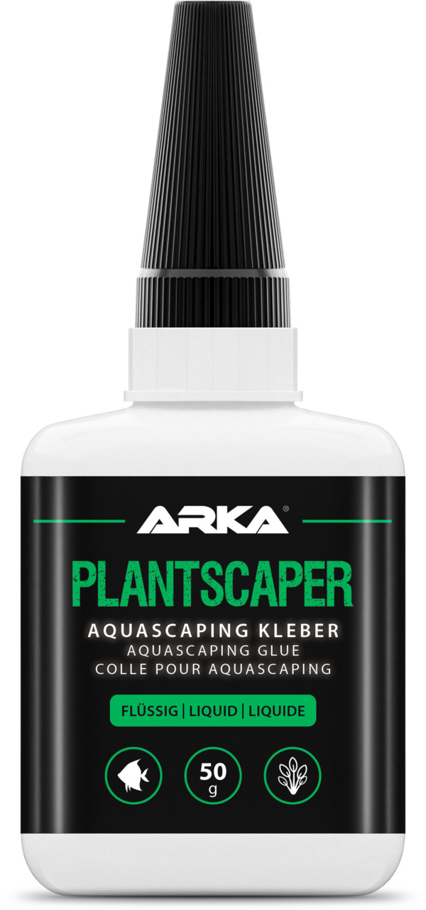 ARKA PLANTSCAPER Aquascaping Kleber, 50 g, für Aquariengestaltung, ideal für Pflanzen & Deko, flüssig, weiße Flasche, schwarze Kappe.