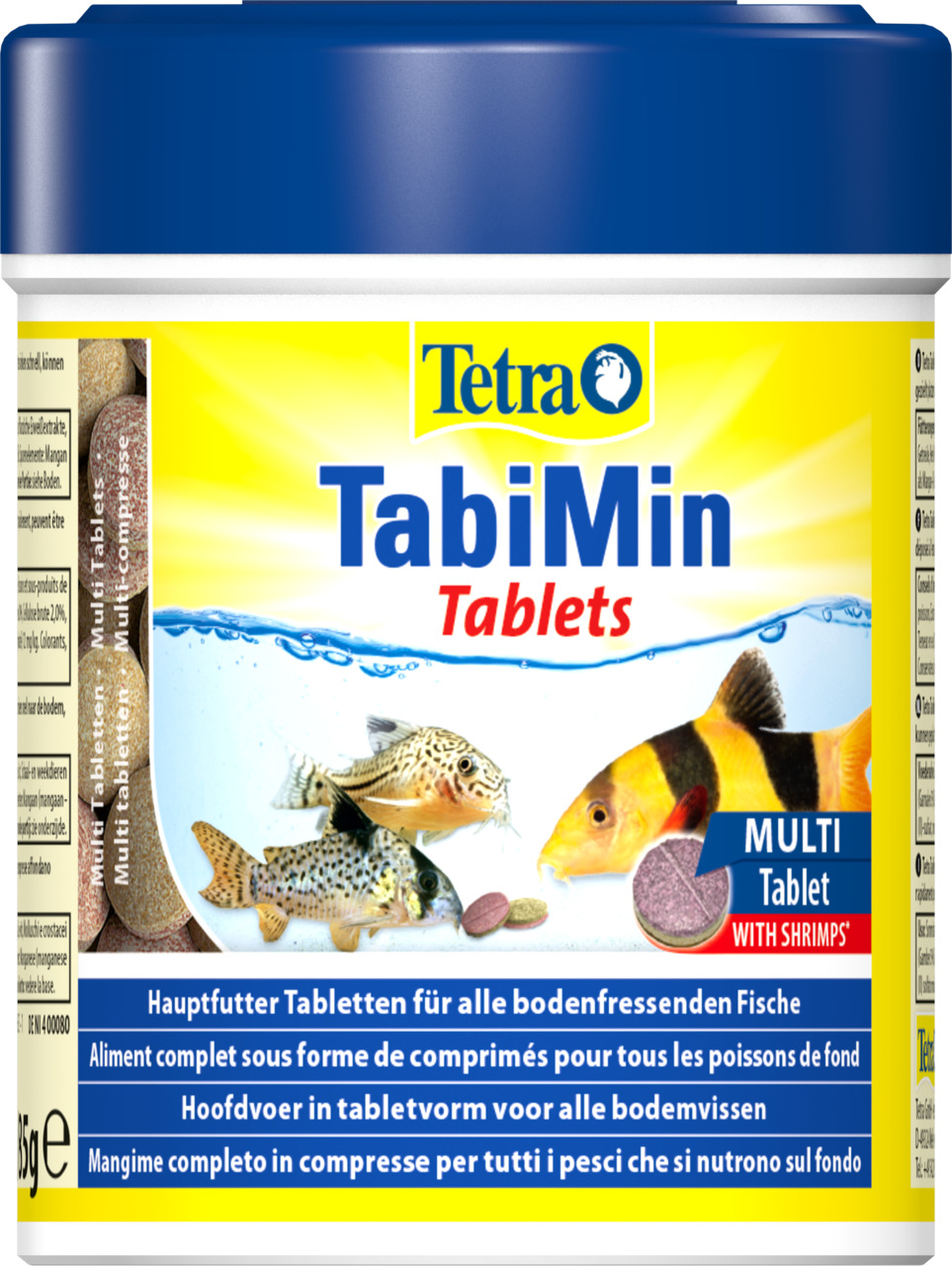 Tetra TabiMin Tablets, Hauptfutter f. bodenfressende Fische, mit Garnelen, 85 g, gelbes Etikett, blauer Deckel, Zierfischabbildungen.