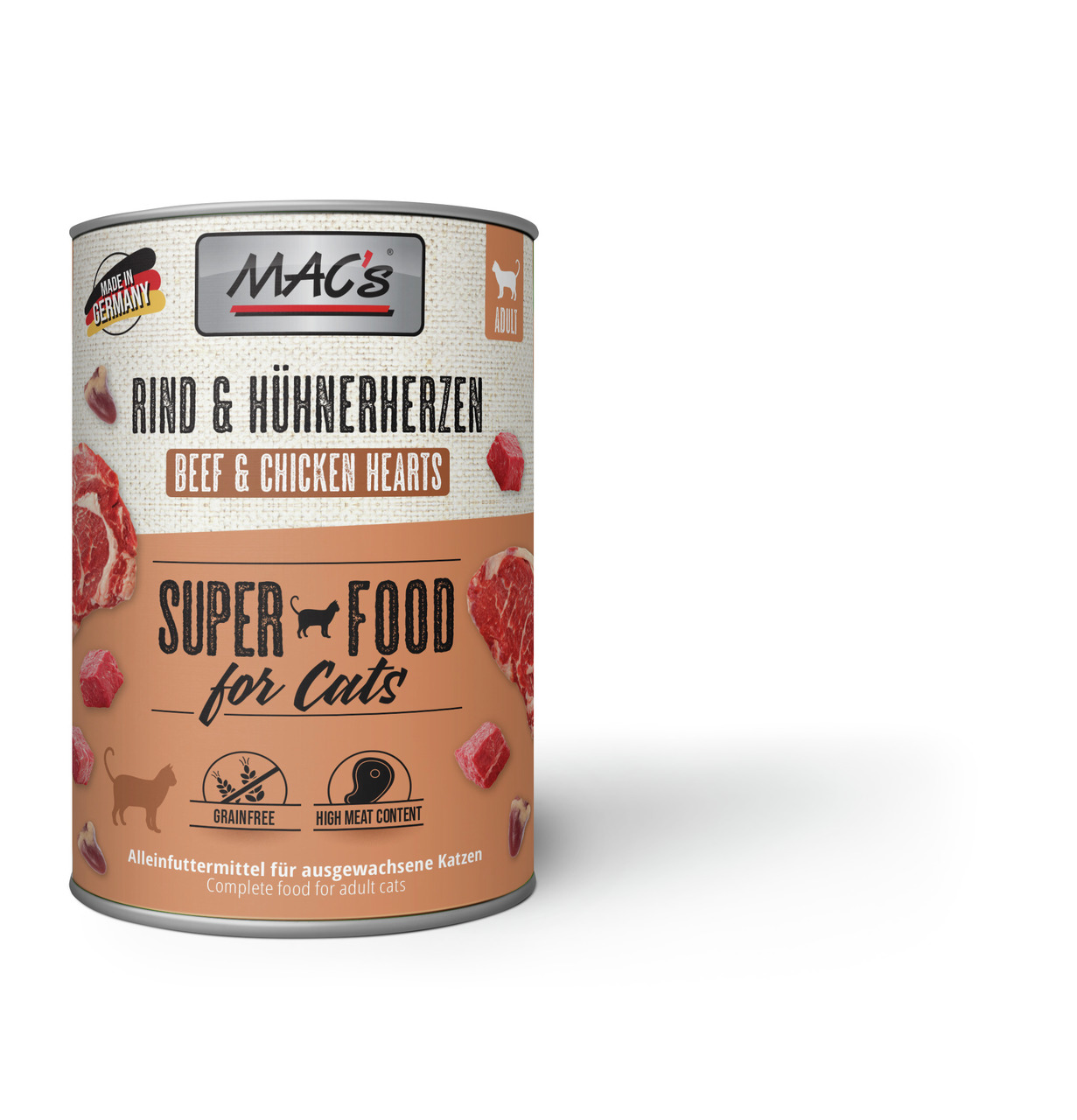 Das Bild zeigt eine Dose des Katzenfutters "MAC's Rind & Hühnerherzen" für ausgewachsene Katzen. Die Geschmacksrichtung ist Rind und Hühnerherzen. Die Verpackung hebt hervor, dass das Produkt getreidefrei ist und einen hohen Fleischanteil enthält. Die Men