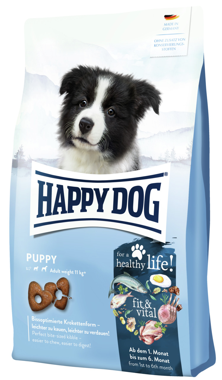 HAPPY DOG Puppy fit & vital, Welpen (1.-6. Monat, bis 11 kg), Fisch-Geflügel-Ei, gesundes Wachstum, bissoptimierte Kroketten, Made in Germany.
