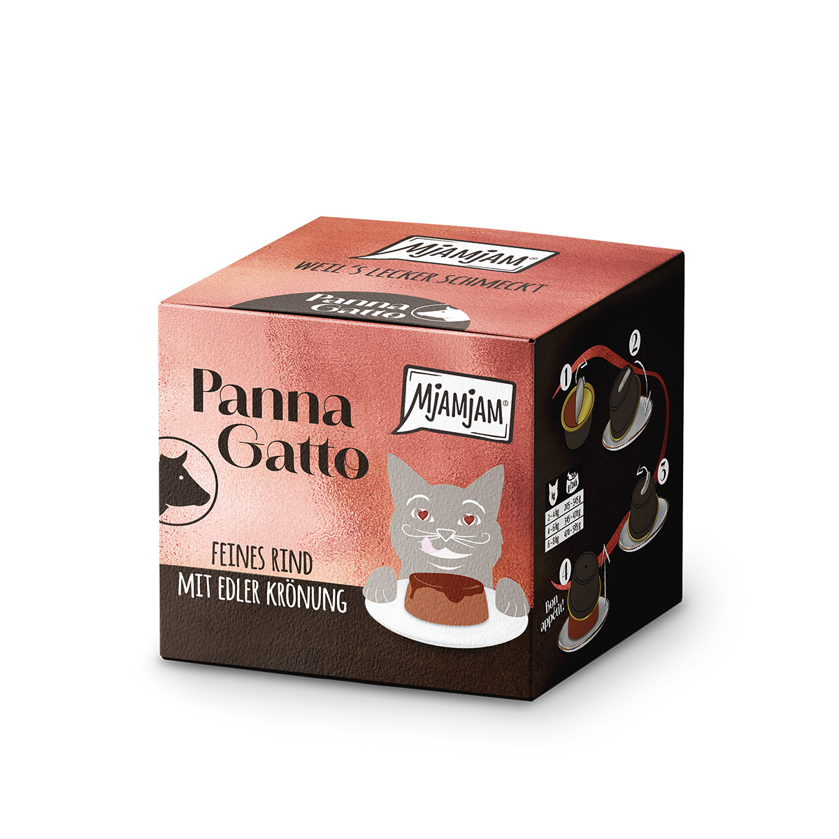 Das Bild zeigt eine Verpackung des Katzenfutters „Panna Gatto“ von der Marke MJAMJAM. Es handelt sich um ein Produkt für Katzen mit der Geschmacksrichtung „Feines Rind mit edler Krönung“. Die Verpackung ist in Rot- und Brauntönen gehalten und zeigt eine I