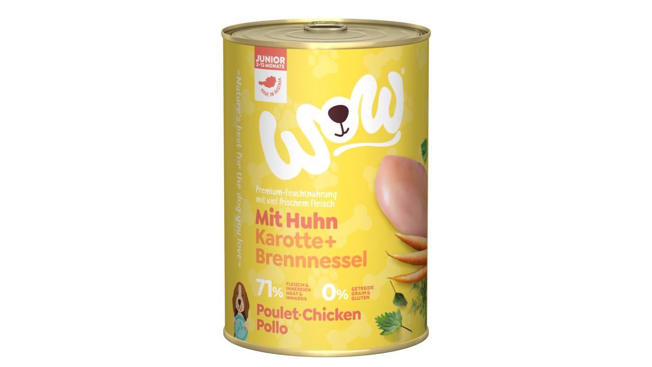 Sparpaket 24 x 400 g Wow Junior Huhn mit Karotte + Brennnessel Hunde Nassfutter