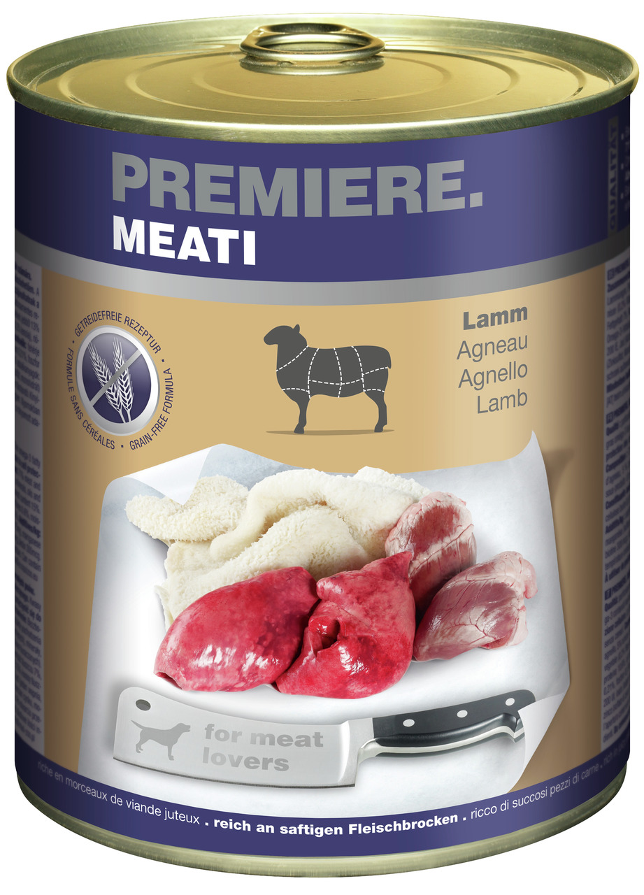 Eine Dose PREMIERE MEATI Hundefutter mit der Geschmacksrichtung Lamm. Geeignet für ausgewachsene Hunde. Auf der Vorderseite sind frische Fleischstücke und ein Messer mit der Aufschrift „for meat lovers“ abgebildet. Getreidefreie Rezeptur, reich an saftige