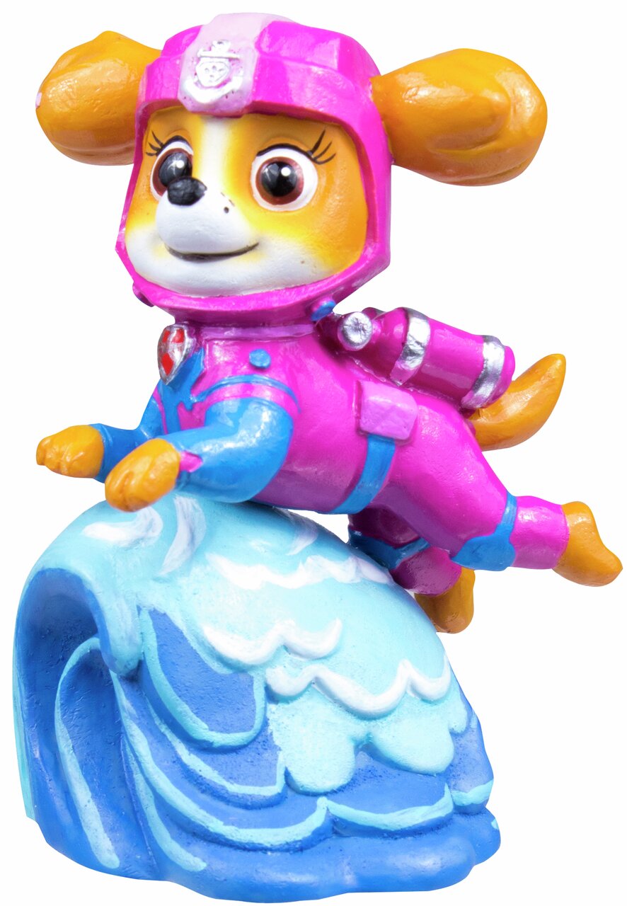Pennplax PAW Patrol Skye Aquarium-Dekofigur für Hunde-Fans, Skye in pinker Fliegeruniform auf blauer Welle.