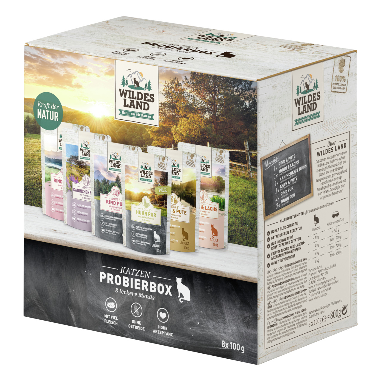 Wildes Land Katzen Probierbox, 800 g, 8 Menüs (Rind, Kaninchen, Huhn, Pute, Forelle & Lachs), getreidefrei, hoher Fleischanteil, für erw. Katzen.