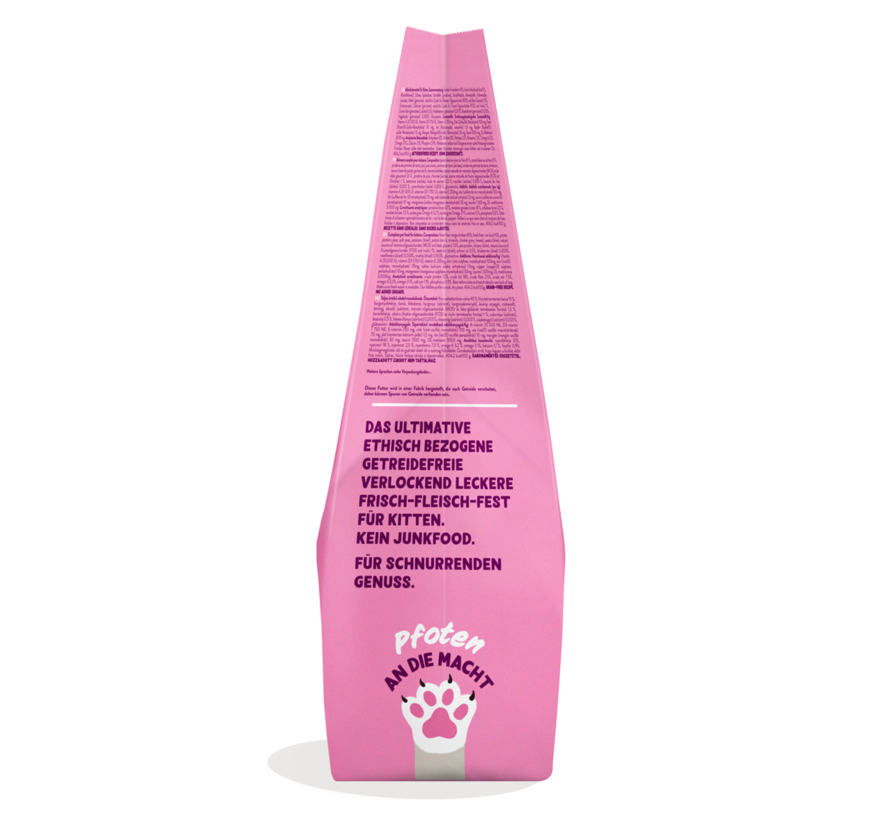 Das Bild zeigt eine rosa Verpackung des Katzenfutters „Edgard & Cooper“ für Kätzchen. Es handelt sich um ein getreidefreies, ethisch bezogenes Produkt mit frischem Fleisch. Die Verpackung trägt den Slogan „Pfoten an die Macht“ und verspricht hochwertigen 