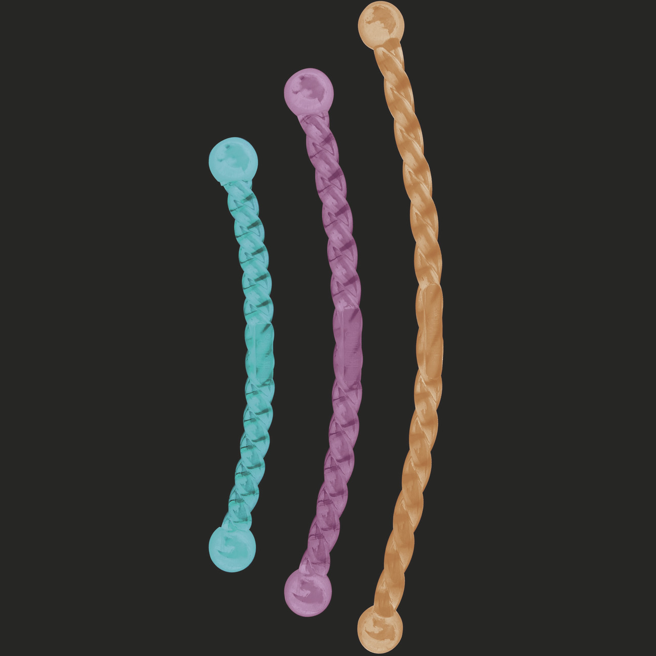 Auf dem Bild sind drei KONG Safestix in verschiedenen Größen und Farben zu sehen: Türkis, Lila und Orange. Diese robusten, flexiblen Spielzeuge sind für Hunde aller Größen geeignet und fördern sicheres Kauen und Spielen. Sie bestehen aus langlebigem Mater